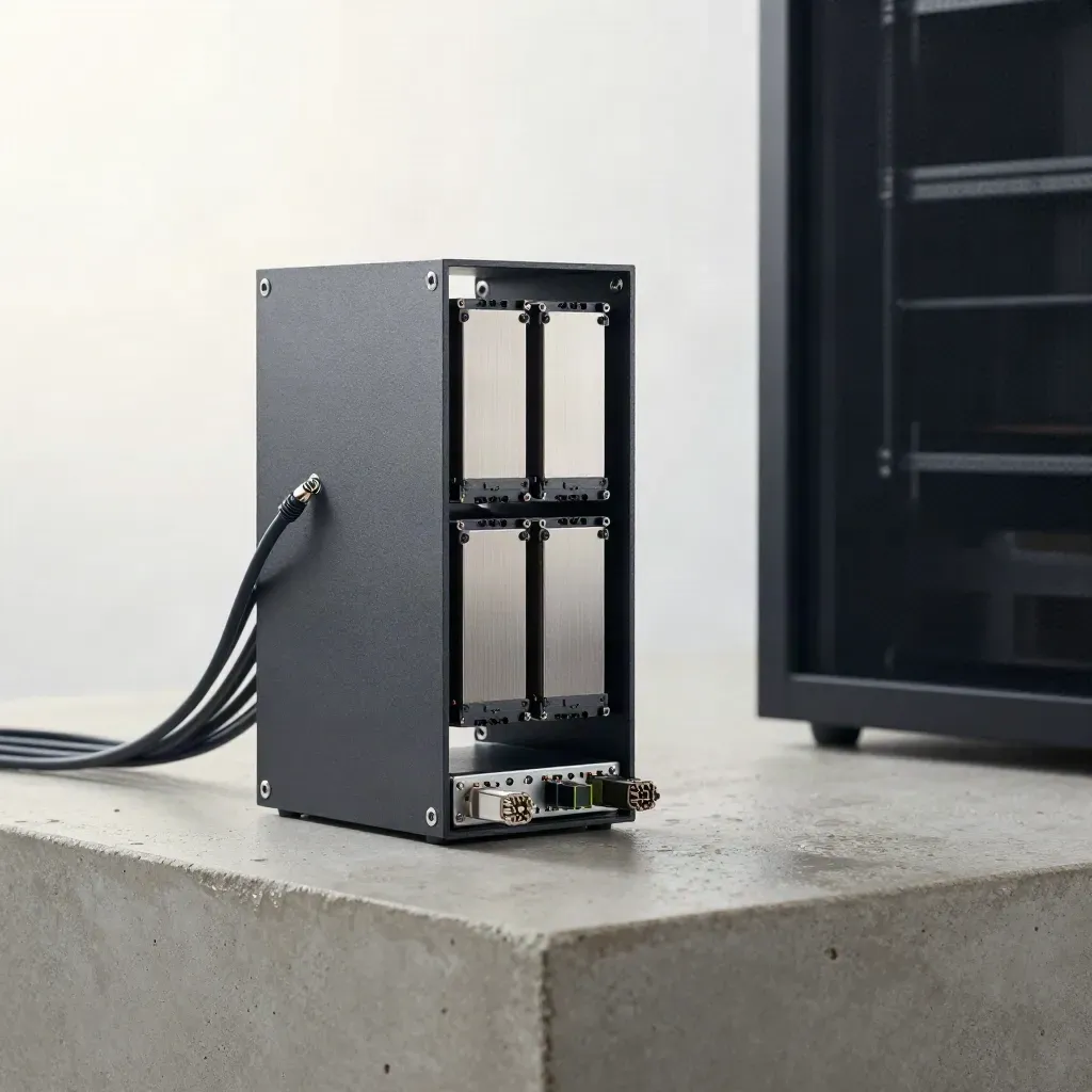 Graphite rack server and SSD modules on pale concrete in bright airy studio light.