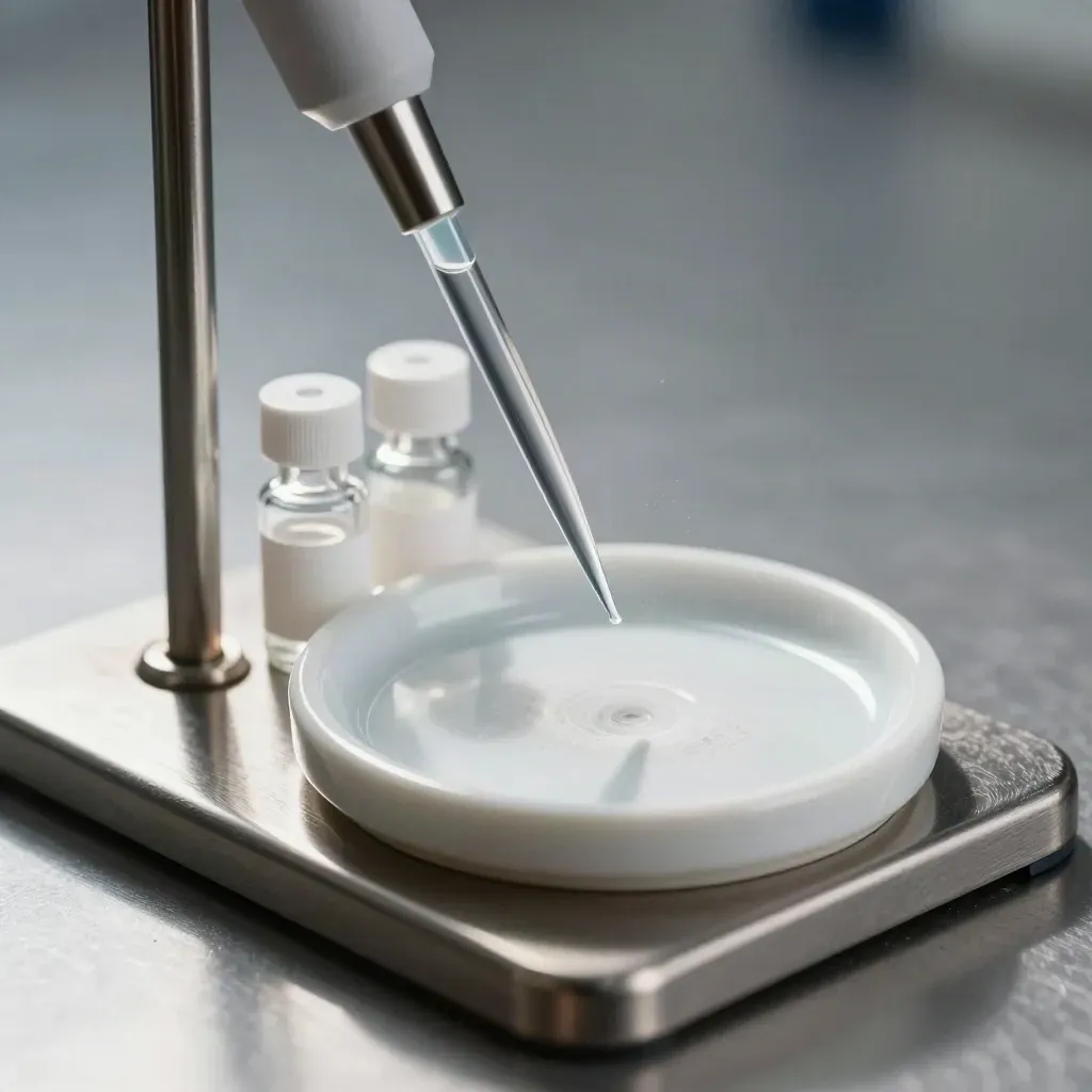 Overhead macro of lab vials, pipette stand and ceramic dish on brushed metal