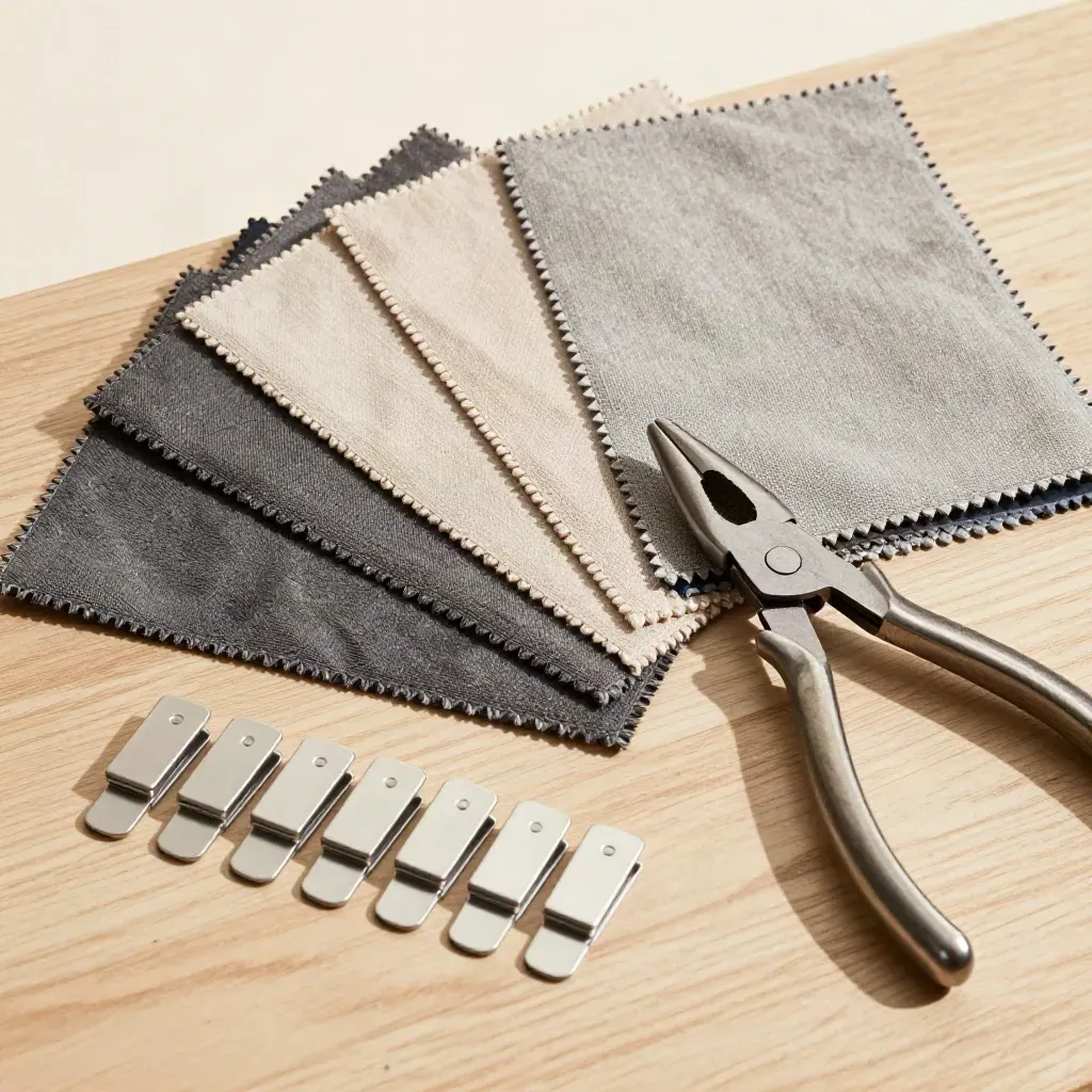Fabric swatches, tagging plier, and shelf-edge clips on pale oak.