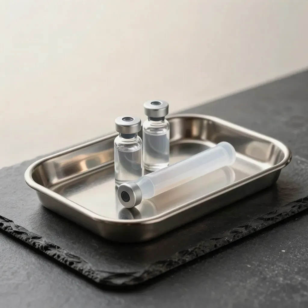Clinical tray with two vials and a frosted sample tube on dark stone, lit dramatically.