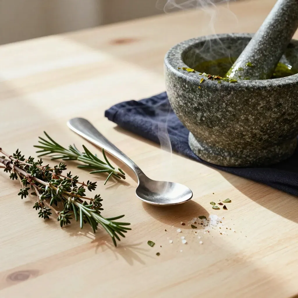 Stone mortar, tasting spoon and herbs on pale wood with steam and navy linen.