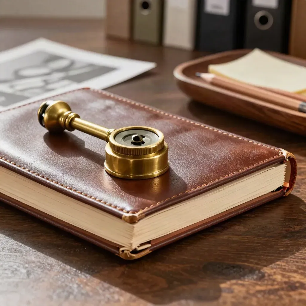 Leather ledger, brass paperweight, and pencil tray on dark walnut in dramatic studio light.
