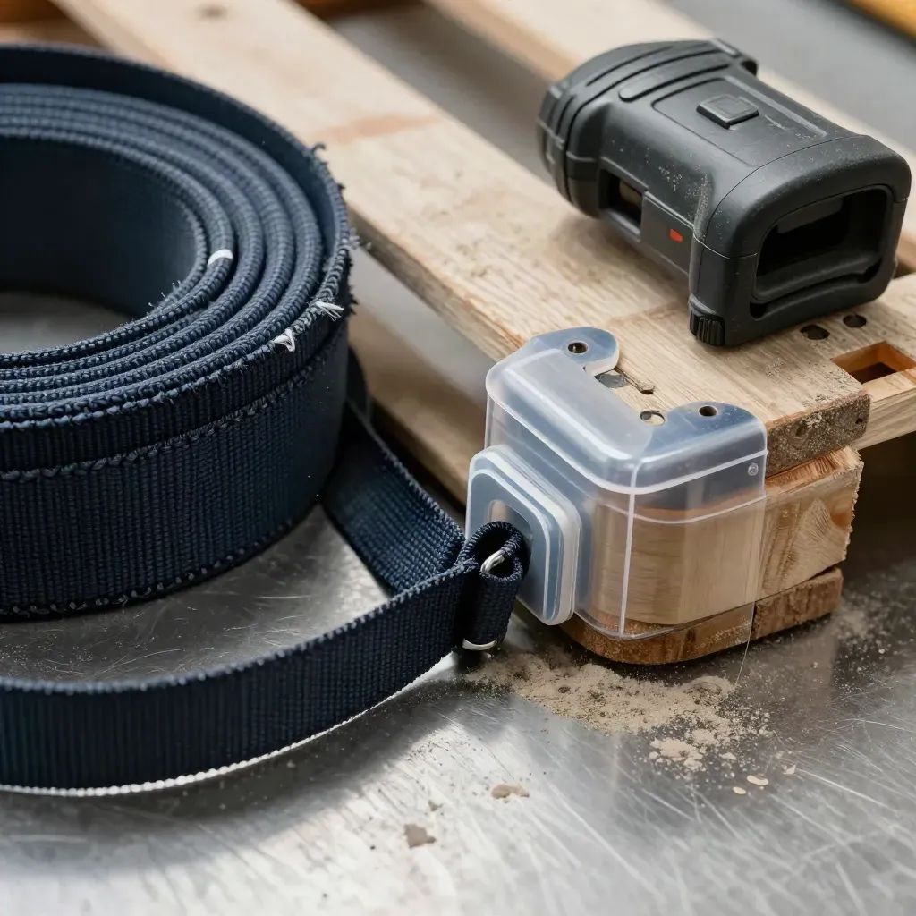 Macro flat lay of dock strap, pallet corner protector and scanner cradle on brushed steel.