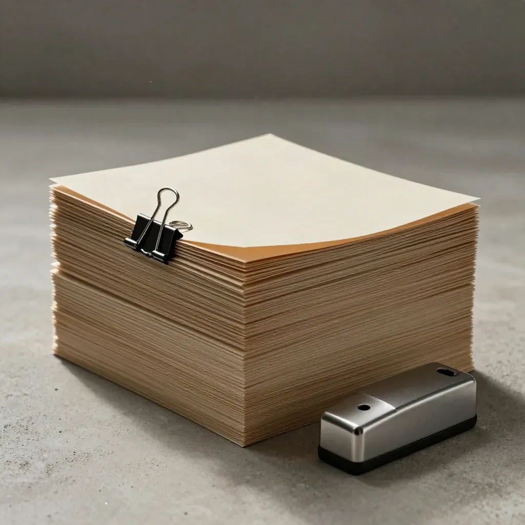 Archival report sleeves, stainless clip, and paperweight on pale concrete in dramatic studio light