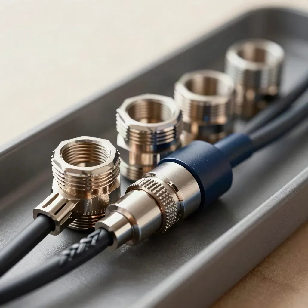 Top-down macro of metal couplers, braided data cables and a connector ferrule on graphite.
