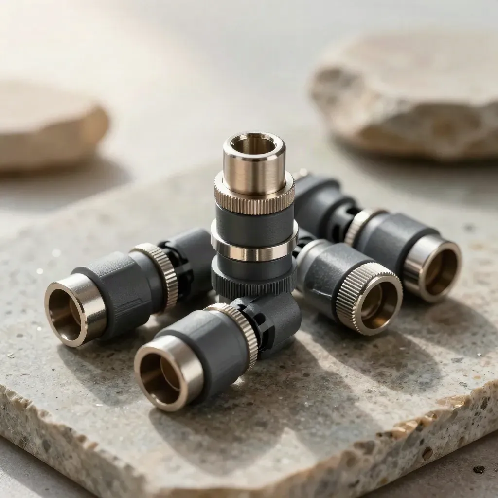 Modular connector blocks and steel ring adapters on stone in a premium data integration still life.
