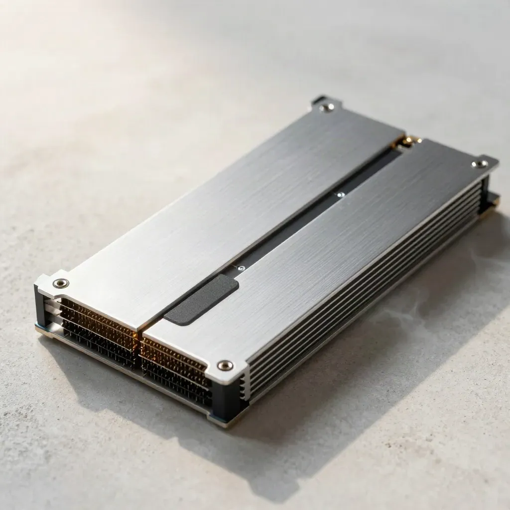 Server blade, cooling fins and SSD carrier on pale concrete under cool misty light