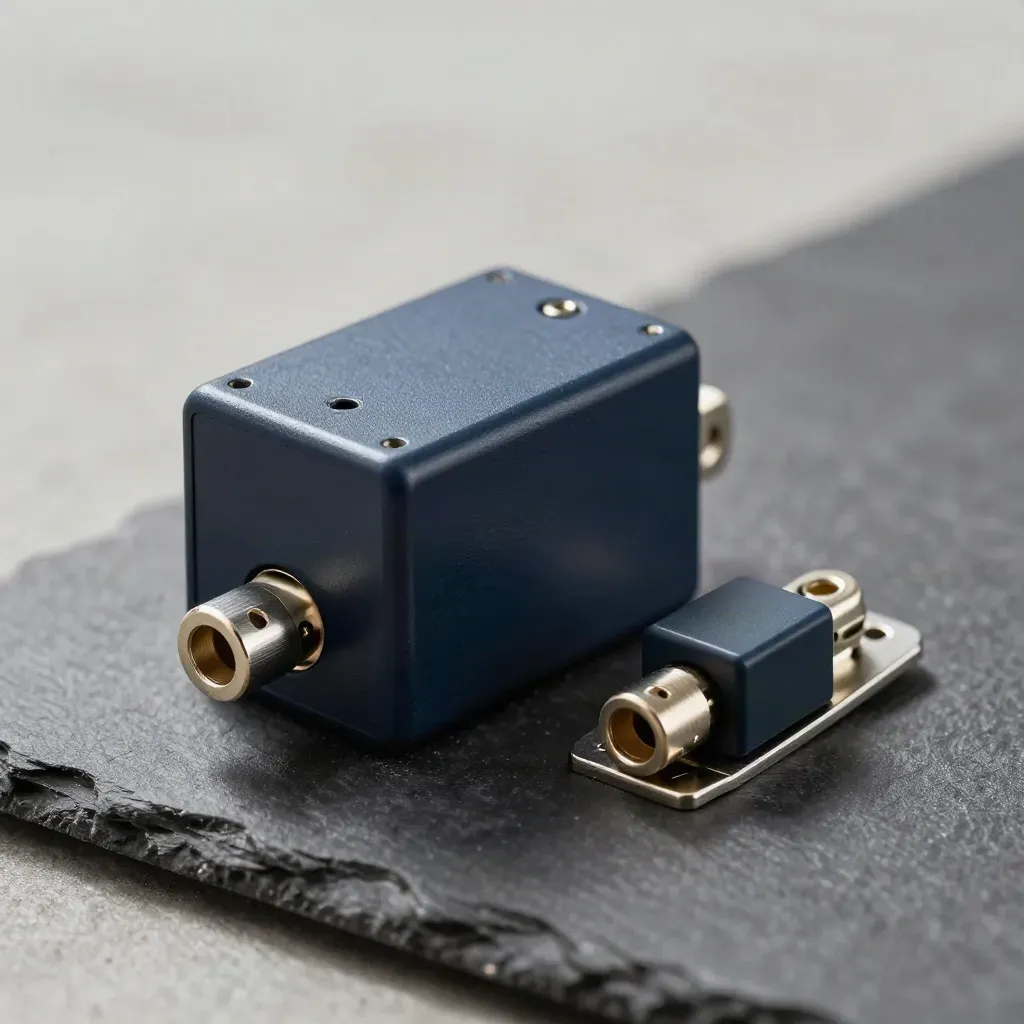 Alarm relay, buzzer housing and vibration module on slate under dramatic side light.