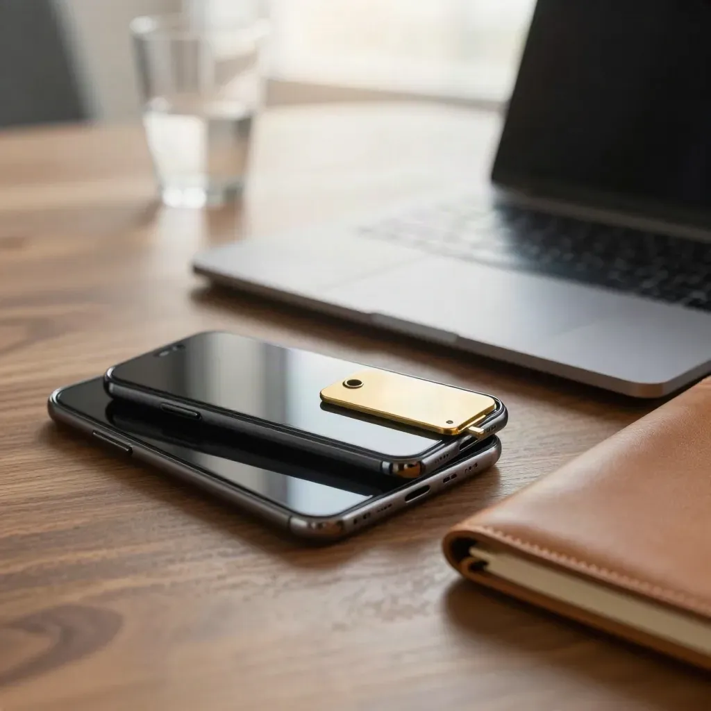 Closed laptop, face-down phone, brass keycard and notebook on a boardroom table, seen through glassware