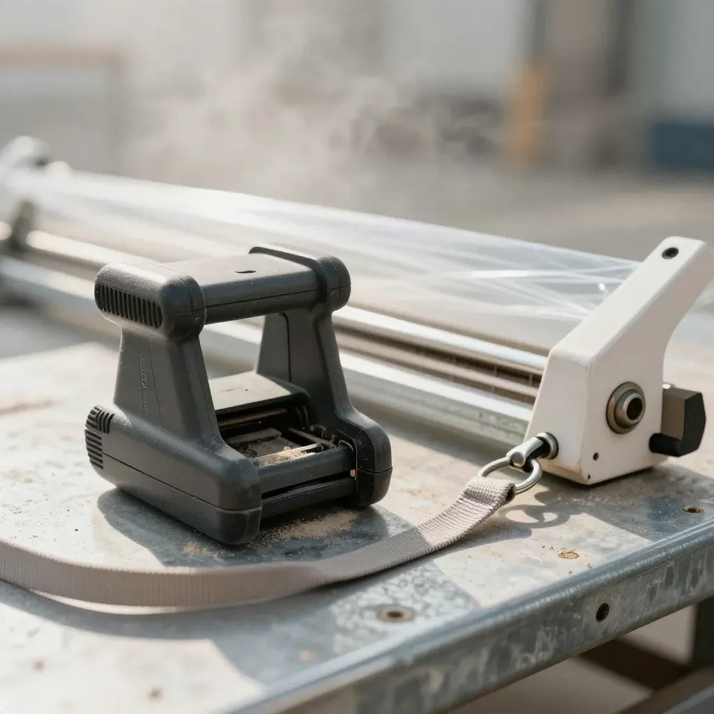 Scanner cradle, pallet-wrap cutter and lanyard on a warehouse bench seen through blur of wrap