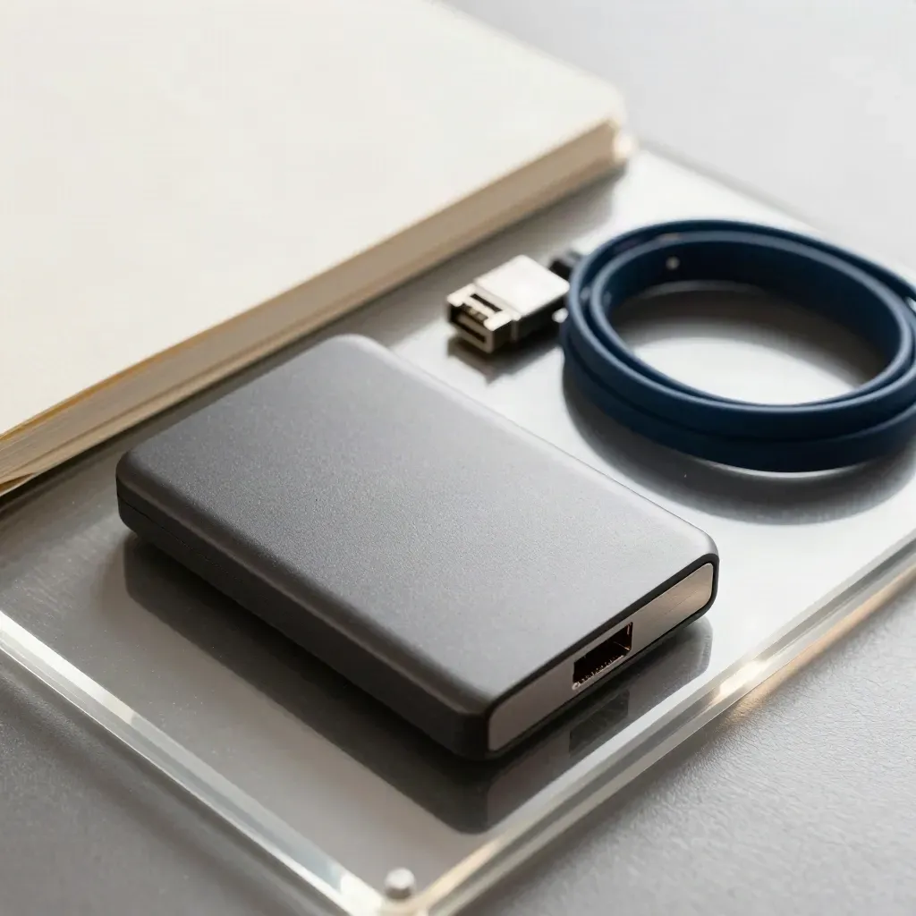 External drive, ethernet adapter, notebook and cable ties on brushed metal with acrylic foreground