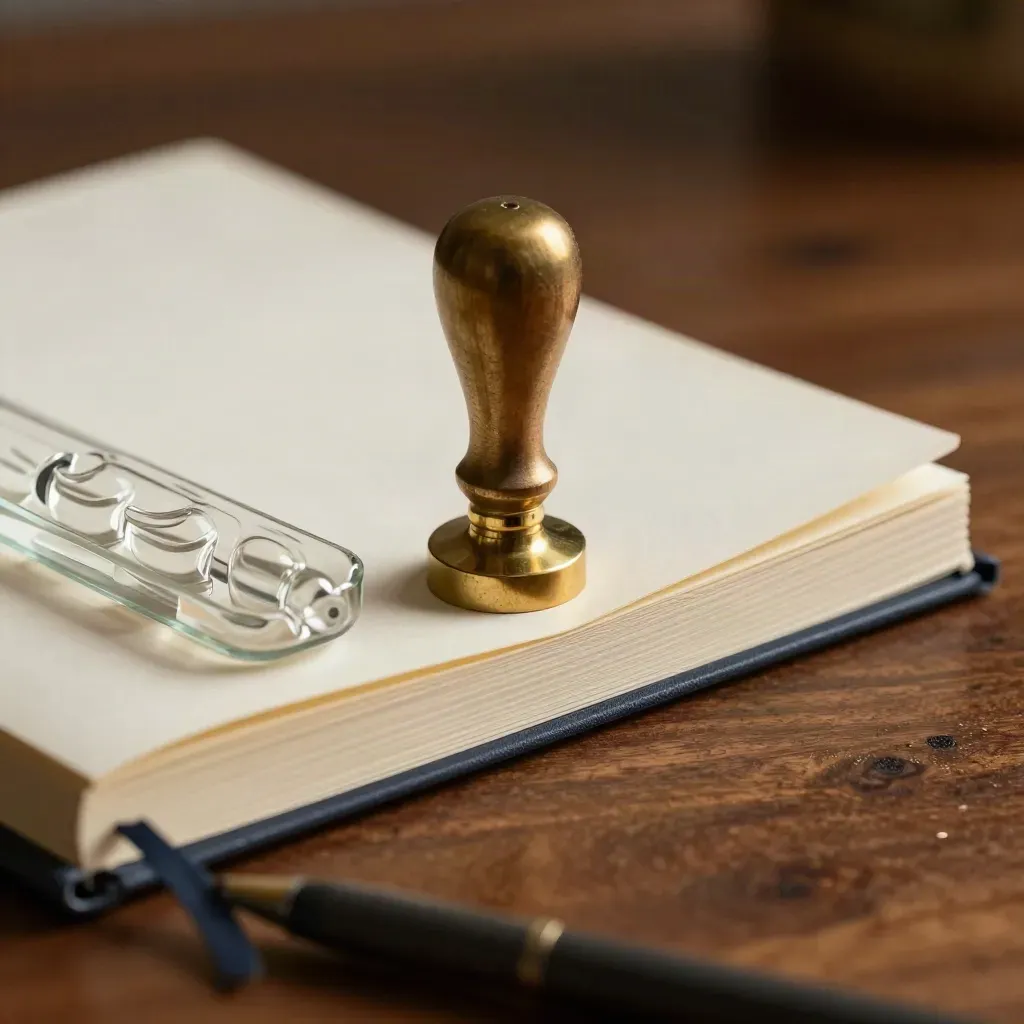 Brass stamp, closed ledger, and glass ampoule tray on walnut with dramatic light.