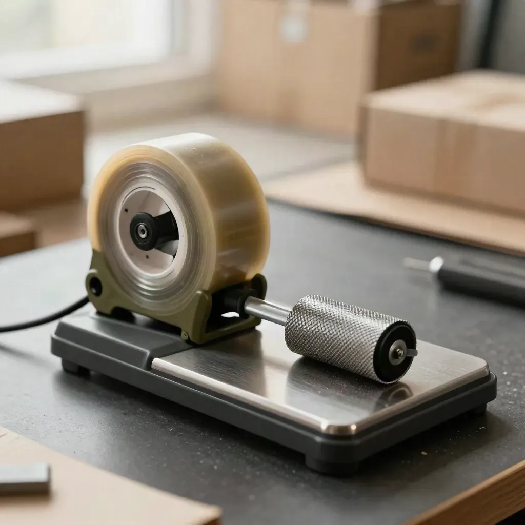 Macro still life of a parcel scale, tape gun and sealing roller on a dark prep bench
