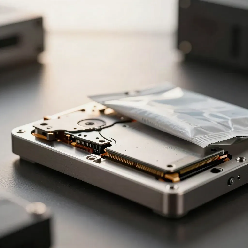 SSD tray and anti-static bag on brushed aluminium with soft bright light