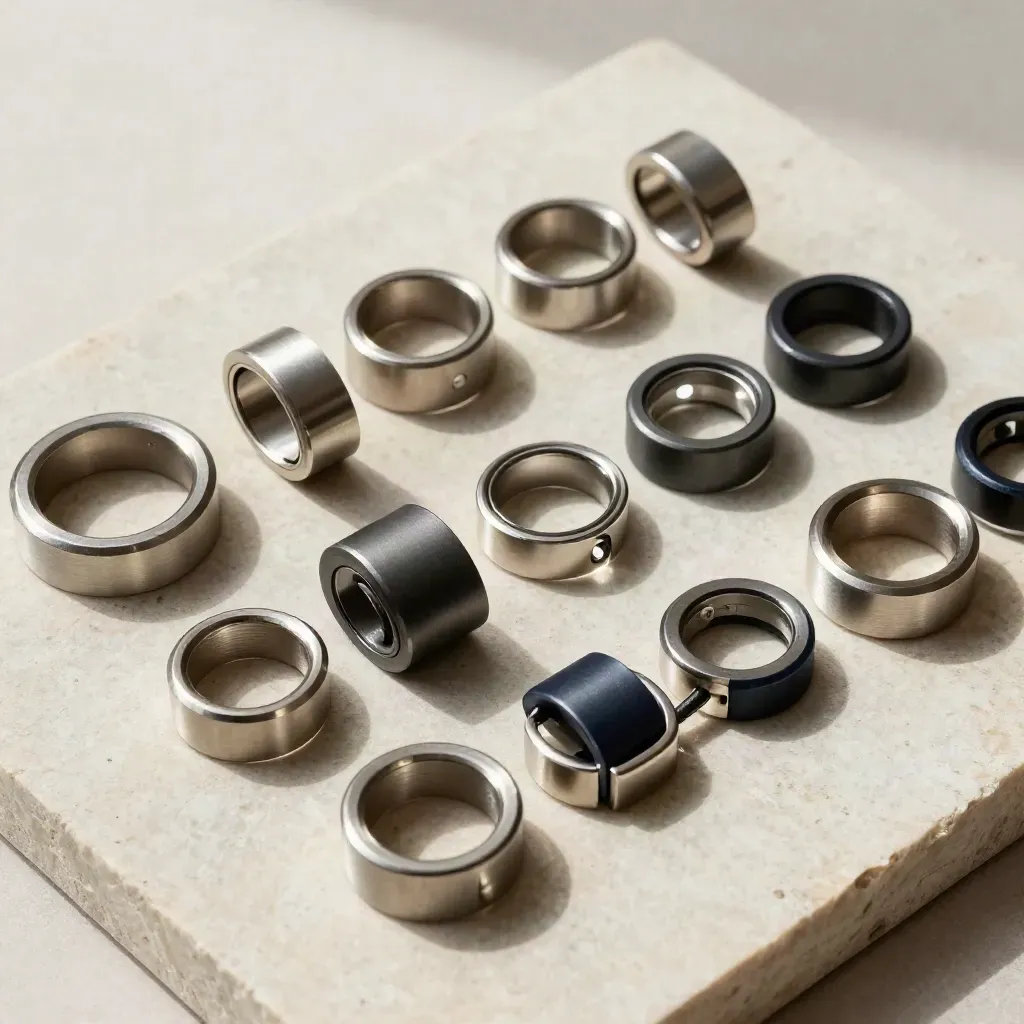 Machined rings, cable clips and joiner blocks on stone in a dramatic flat lay