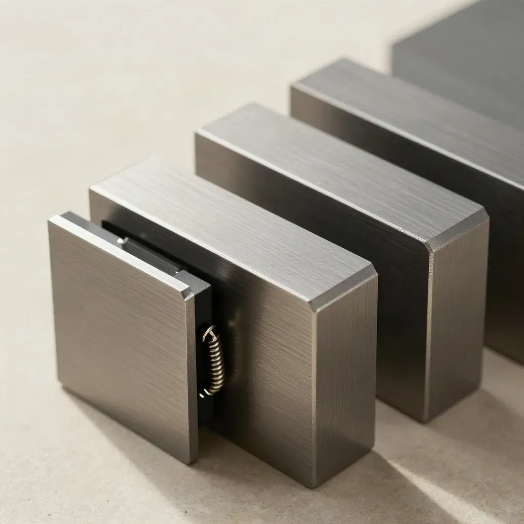 Graphite modular blocks, clip rails, and a spring latch on brushed metal in soft daylight.