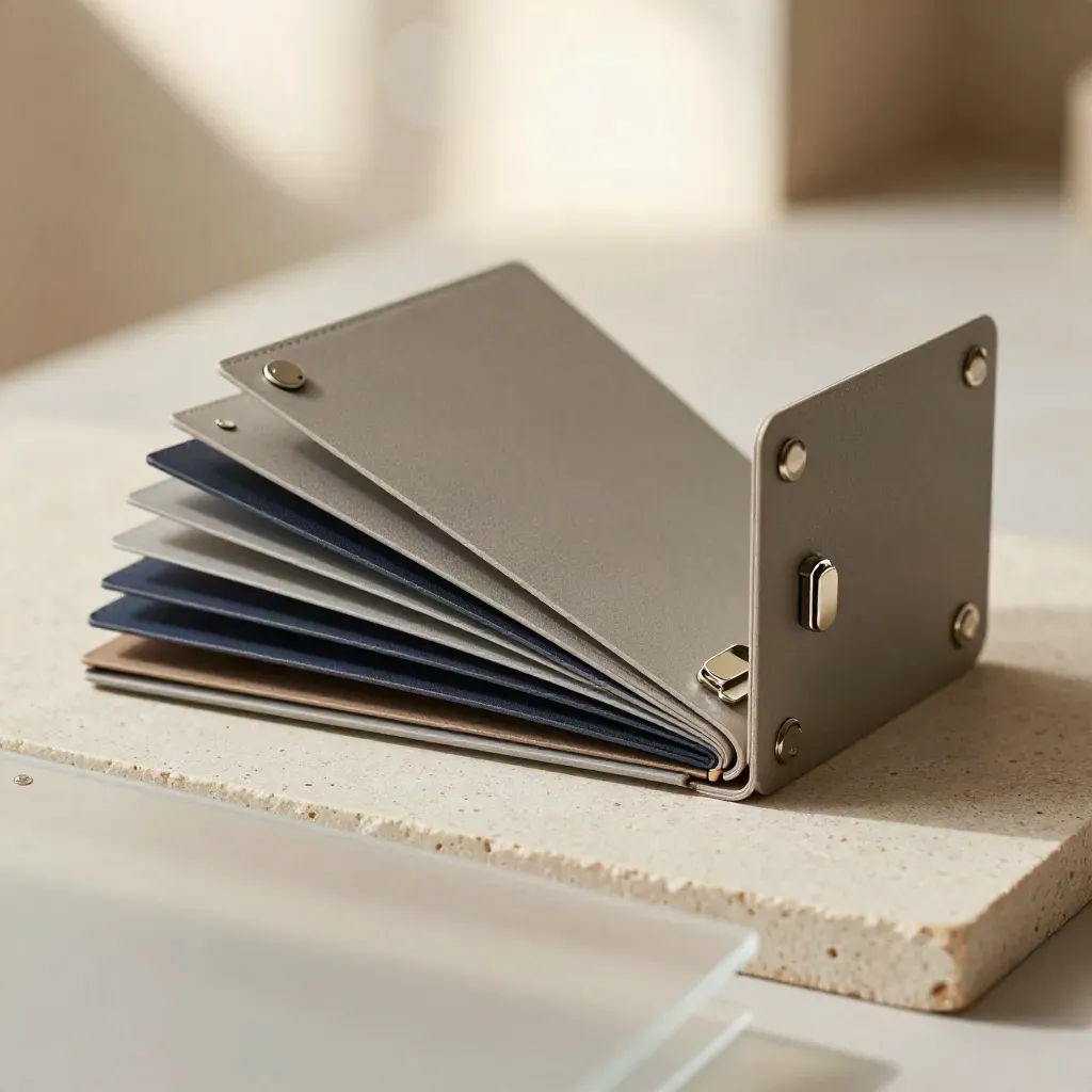 Folded dividers, metal tabs and a clip on pale stone in dramatic studio light.